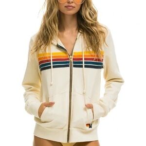 Aviator Nation 5 Stripe Zip Up Hoodie in vintage white